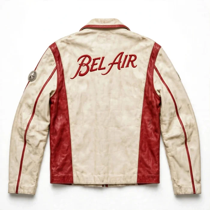 Bel Air Leather Jacket back view, cream with cherry-red panels and vintage script chest lettering vintage cruiser jacket