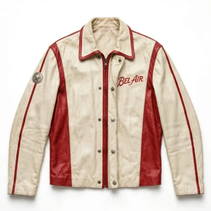 Bel Air Leather Jacket front view, cream with cherry-red panels and vintage script chest lettering vintage cruiser jacket