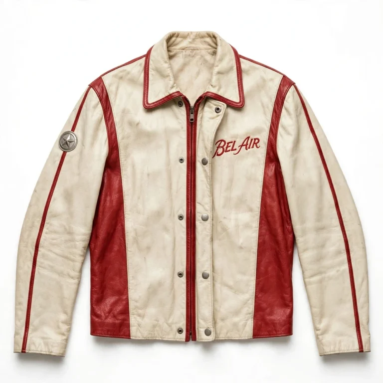 Bel Air Leather Jacket front view, cream with cherry-red panels and vintage script chest lettering vintage cruiser jacket
