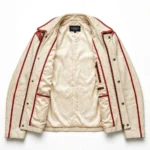 Bel Air Leather Jacket inner lining view, cream satin lining with red trim