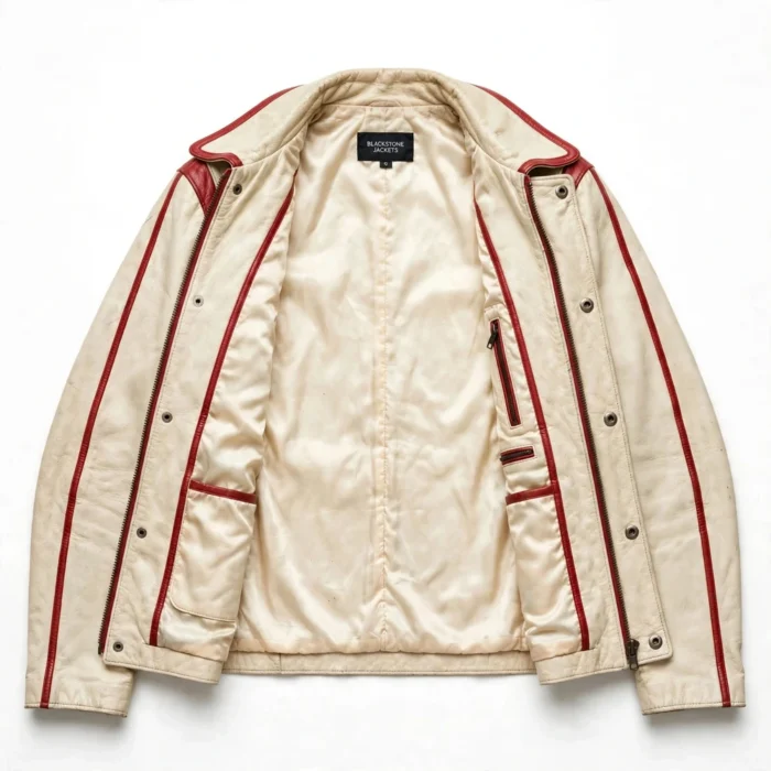 Bel Air Leather Jacket inner lining view, cream satin lining with red trim