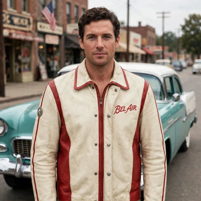 Model wearing the Bel Air Leather Jacket, cream with cherry-red panels and vintage script chest lettering vintage cruiser jacket