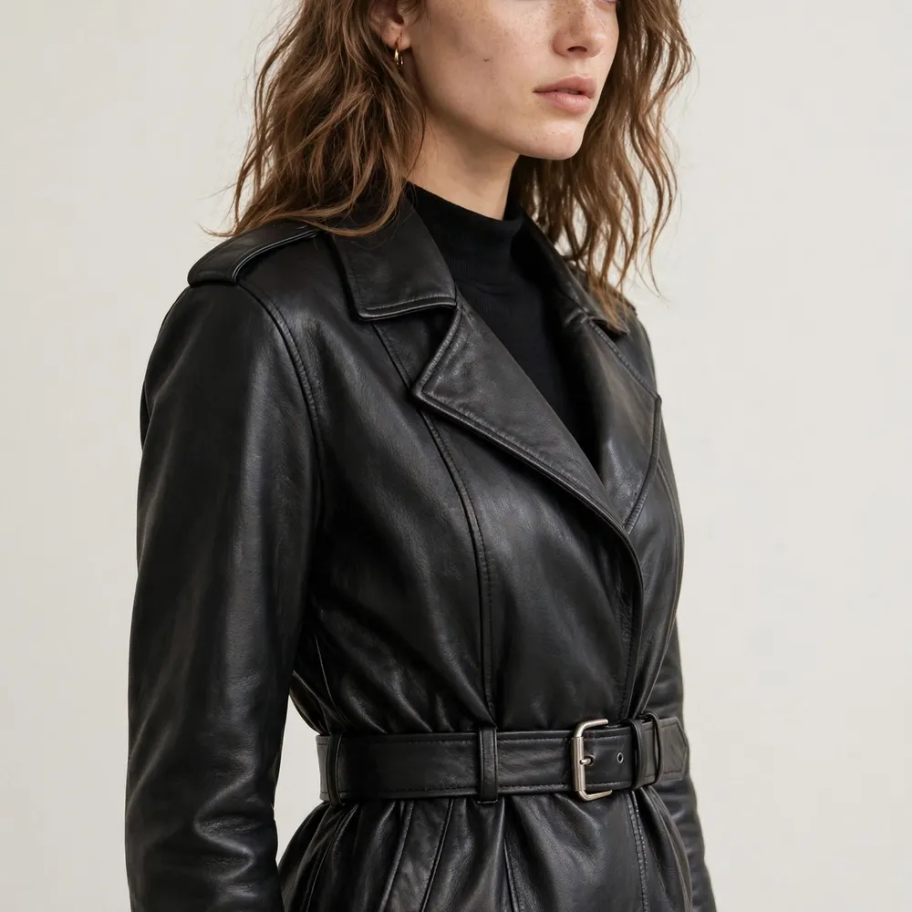 Woman wearing a black belted leather jacket with the belt fastened at the waist
