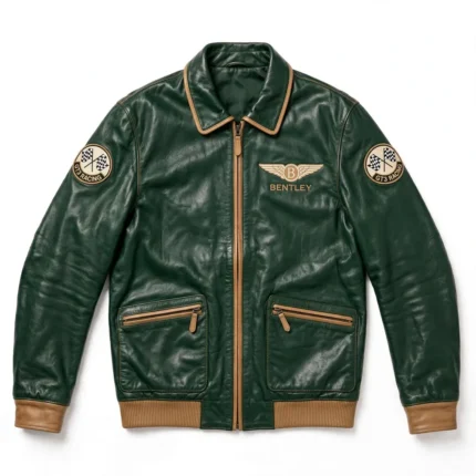 Bentley Leather Jacket front view, deep British racing green with tan trim grand tourer jacket, BENTLEY wordmark with a winged emblem-style motif embroidered on the left chest