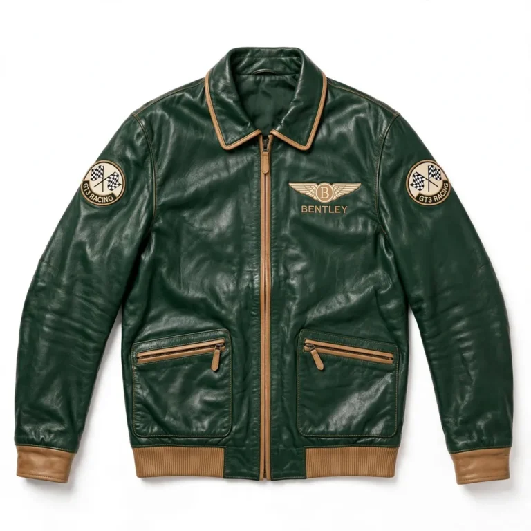 Bentley Leather Jacket front view, deep British racing green with tan trim grand tourer jacket, BENTLEY wordmark with a winged emblem-style motif embroidered on the left chest