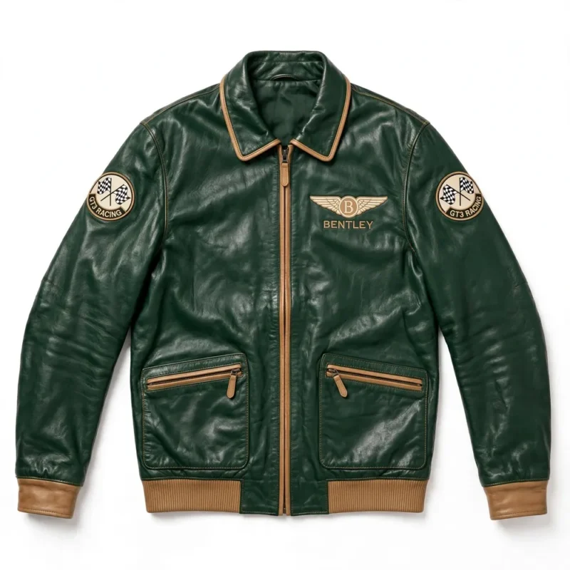 Bentley Leather Jacket front view, deep British racing green with tan trim grand tourer jacket, BENTLEY wordmark with a winged emblem-style motif embroidered on the left chest