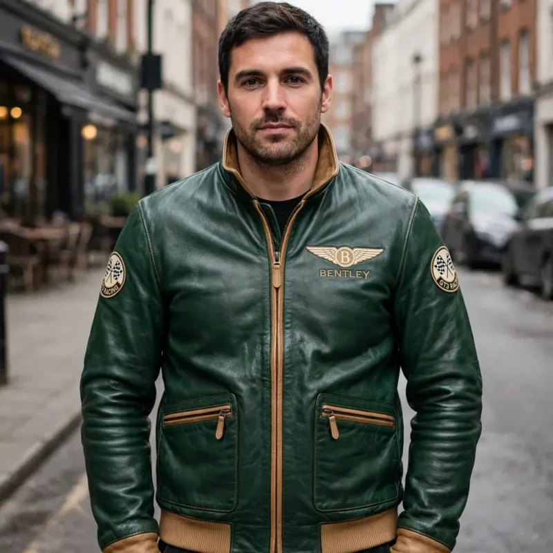 Man wearing the Bentley Leather Jacket outdoors, front-facing, showing the grand tourer jacket and chest embroidery