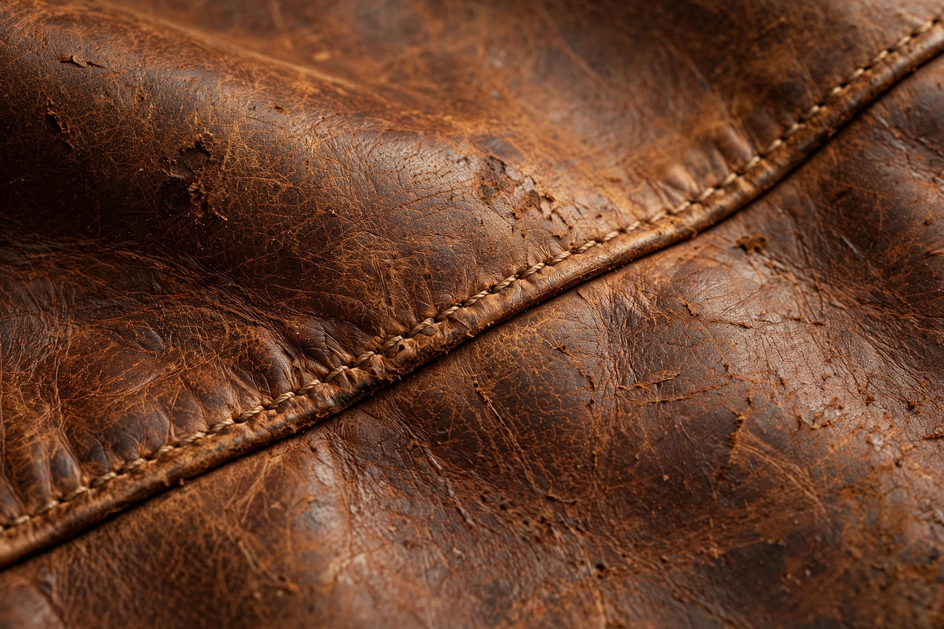 Close-up of brown leather showing rich patina, grain and stitching