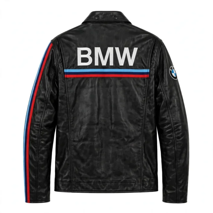 BMW Leather Jacket back view, black with M tricolour stripes in light blue, navy and red racer jacket