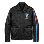 BMW Leather Jacket front view, black with M tricolour stripes in light blue, navy and red racer jacket