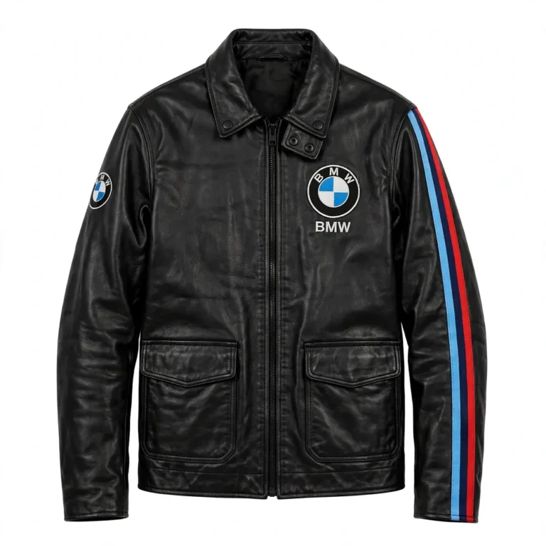 BMW Leather Jacket front view, black with M tricolour stripes in light blue, navy and red racer jacket