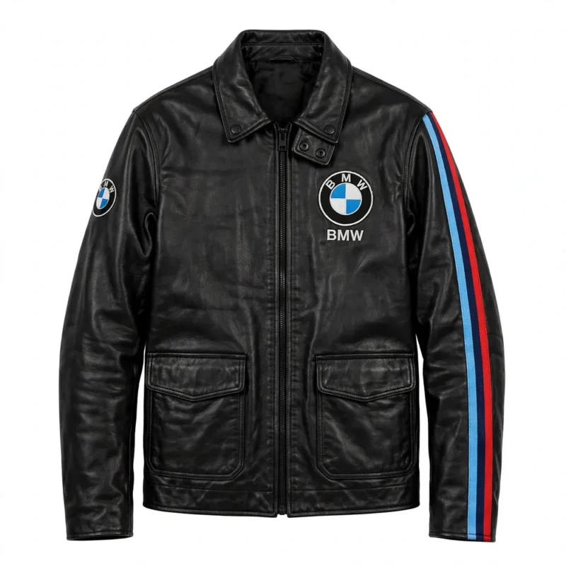 BMW Leather Jacket front view, black with M tricolour stripes in light blue, navy and red racer jacket