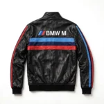 BMW M Leather Jacket back view, black with light-blue, navy and red M stripes racer jacket