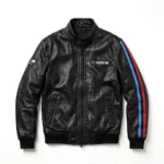 BMW M Leather Jacket front view, black with light-blue, navy and red M stripes racer jacket