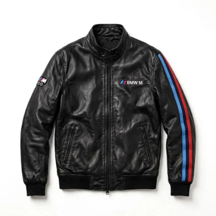 BMW M Leather Jacket front view, black with light-blue, navy and red M stripes racer jacket