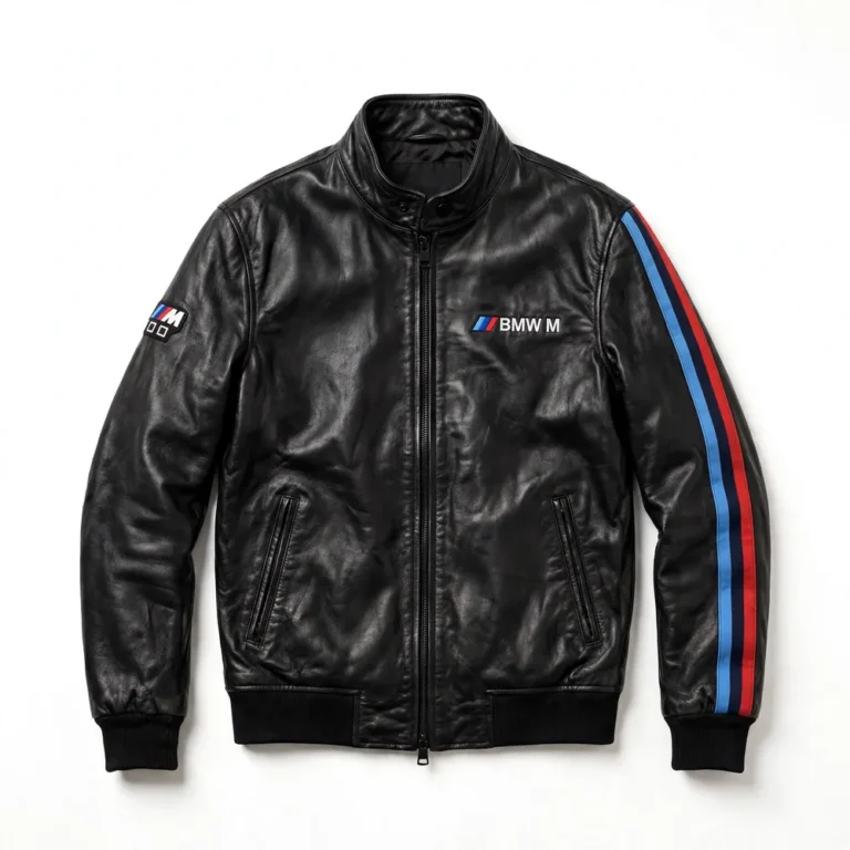 BMW M Leather Jacket front view, black with light-blue, navy and red M stripes racer jacket