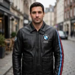 Model wearing the BMW Leather Jacket, black with M tricolour stripes in light blue, navy and red racer jacket