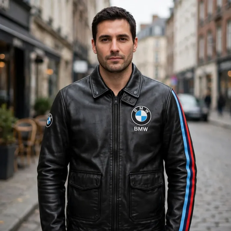 Model wearing the BMW Leather Jacket, black with M tricolour stripes in light blue, navy and red racer jacket