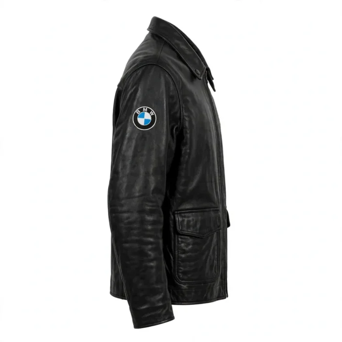 BMW Leather Jacket side view, black with M tricolour stripes in light blue, navy and red racer jacket