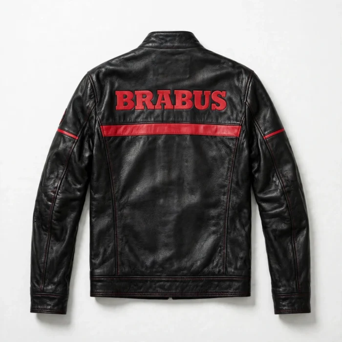 Brabus Leather Jacket back view, black with red accents racer jacket