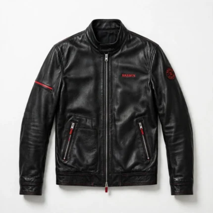 Brabus Leather Jacket front view, black with red accents racer jacket