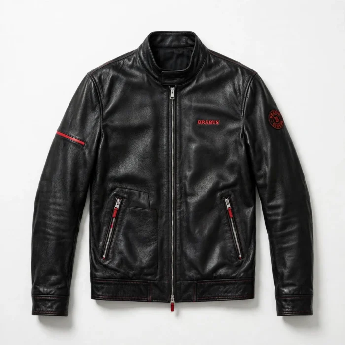 Brabus Leather Jacket | Brabus Power Racer | Blackstone Jackets - Front View Brabus Leather Jacket front view, black with red accents racer jacket