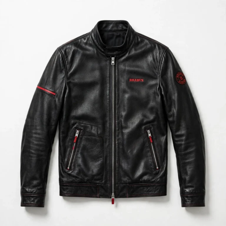 Brabus Leather Jacket front view, black with red accents racer jacket