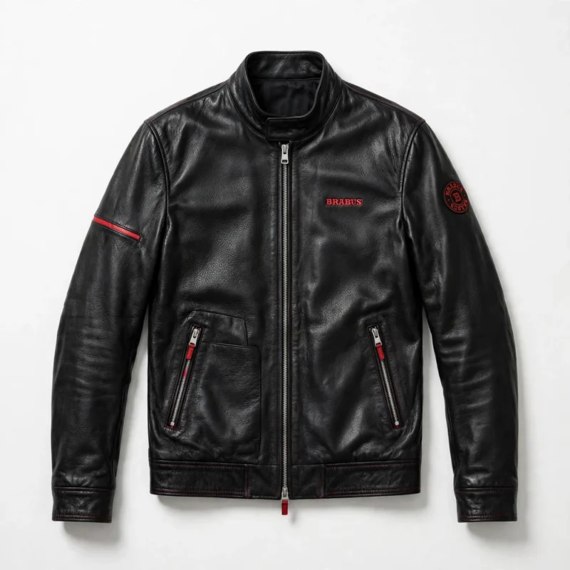 Brabus Leather Jacket front view, black with red accents racer jacket