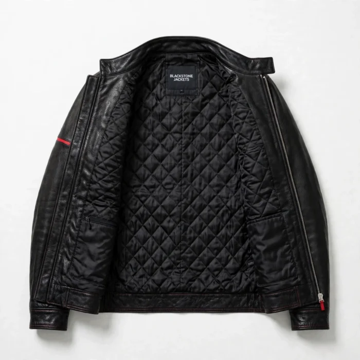 Brabus Leather Jacket inner lining view, quilted black satin lining