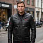 Model wearing the Brabus Leather Jacket, black with red accents racer jacket
