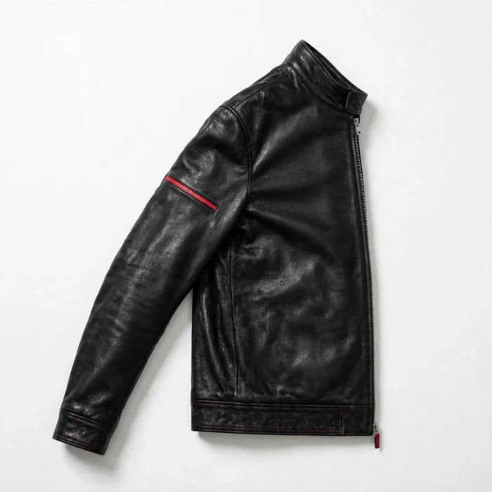 Brabus Leather Jacket side view, black with red accents racer jacket