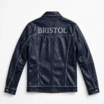 Bristol Leather Jacket back view, midnight navy with silver trim leather, BRISTOL lettering in silver across the upper back