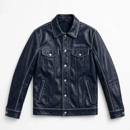 Bristol Leather Jacket front view, midnight navy with silver trim heritage cruiser jacket, BRISTOL wordmark embroidered on the left chest