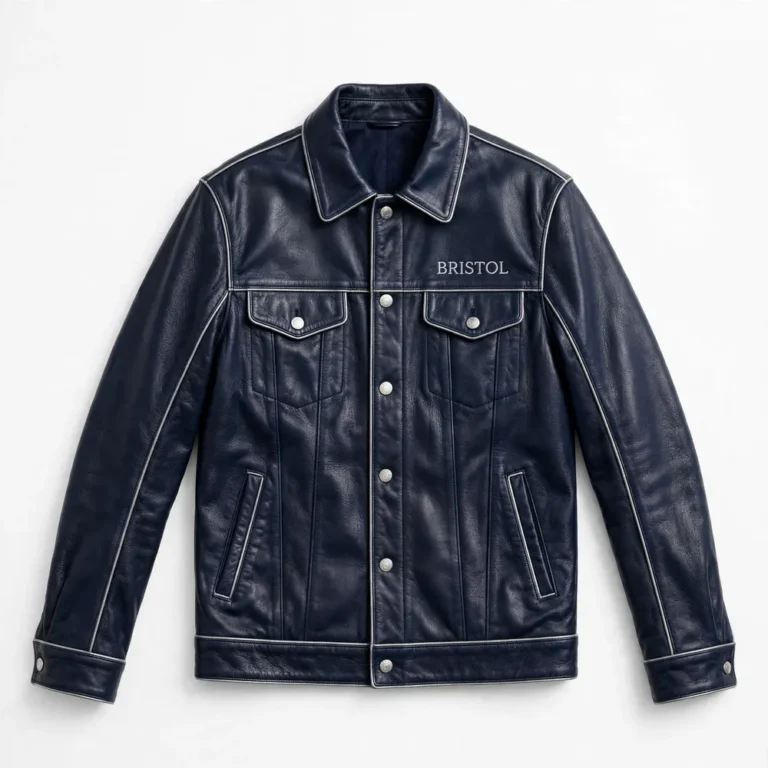 Bristol Leather Jacket front view, midnight navy with silver trim heritage cruiser jacket, BRISTOL wordmark embroidered on the left chest