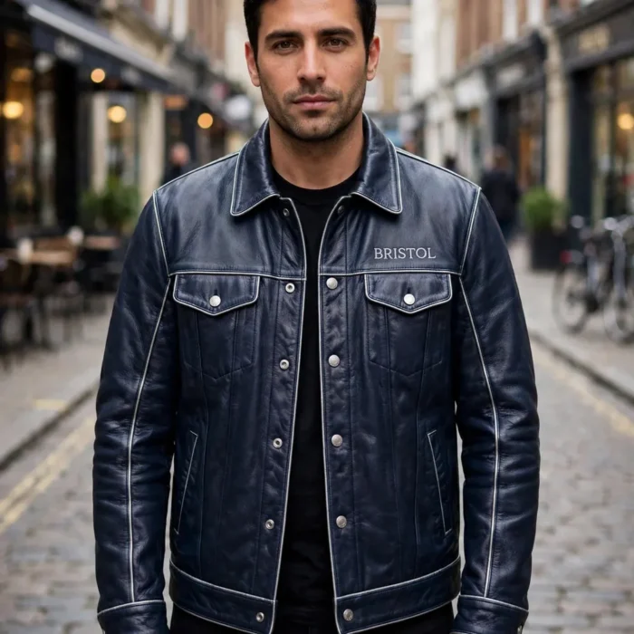 Man wearing the Bristol Leather Jacket outdoors, front-facing, showing the heritage cruiser jacket and chest embroidery
