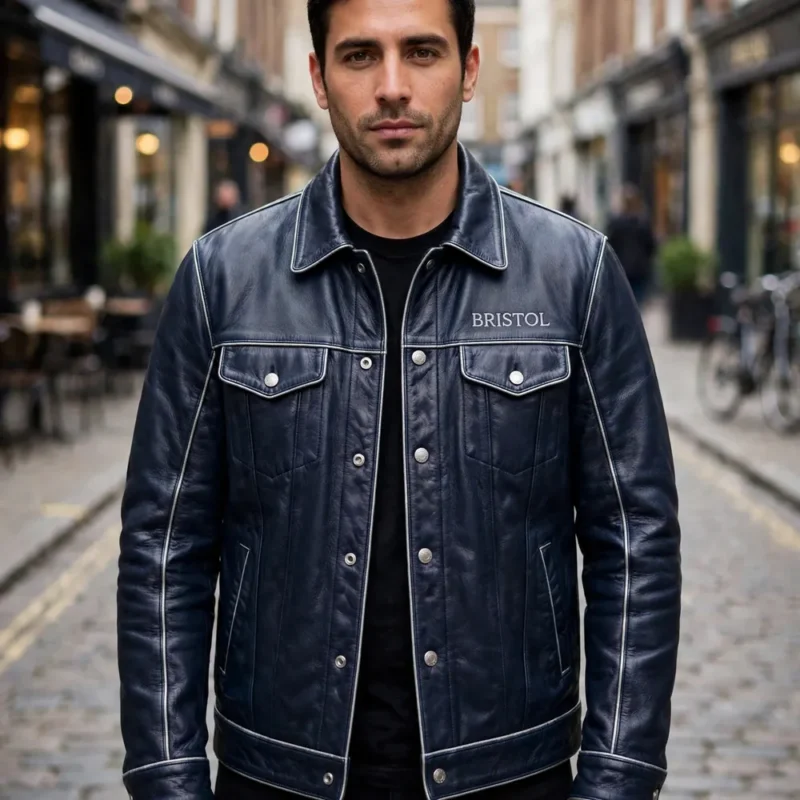 Man wearing the Bristol Leather Jacket outdoors, front-facing, showing the heritage cruiser jacket and chest embroidery