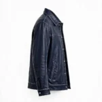 Bristol Leather Jacket side view, midnight navy with silver trim heritage cruiser jacket with shirt-style collar