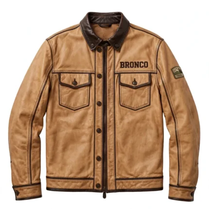 Bronco Leather Jacket front view, saddle-tan with dark-brown trim trucker jacket