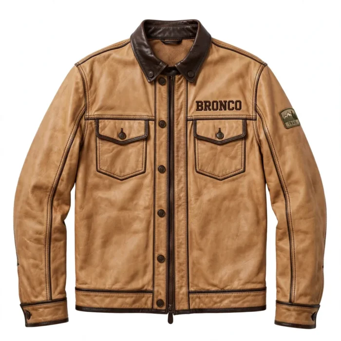 Bronco Leather Jacket front view, saddle-tan with dark-brown trim trucker jacket