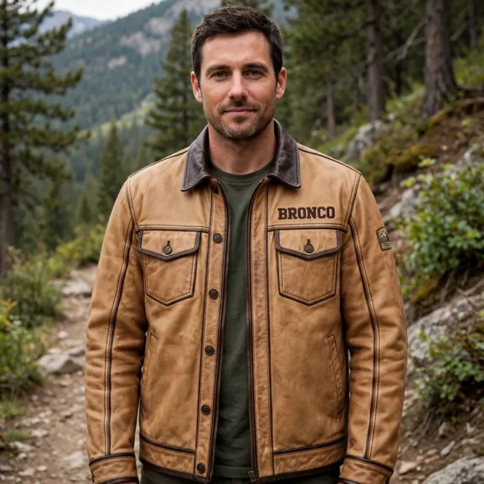 Model wearing the Bronco Leather Jacket, saddle-tan with dark-brown trim trucker jacket