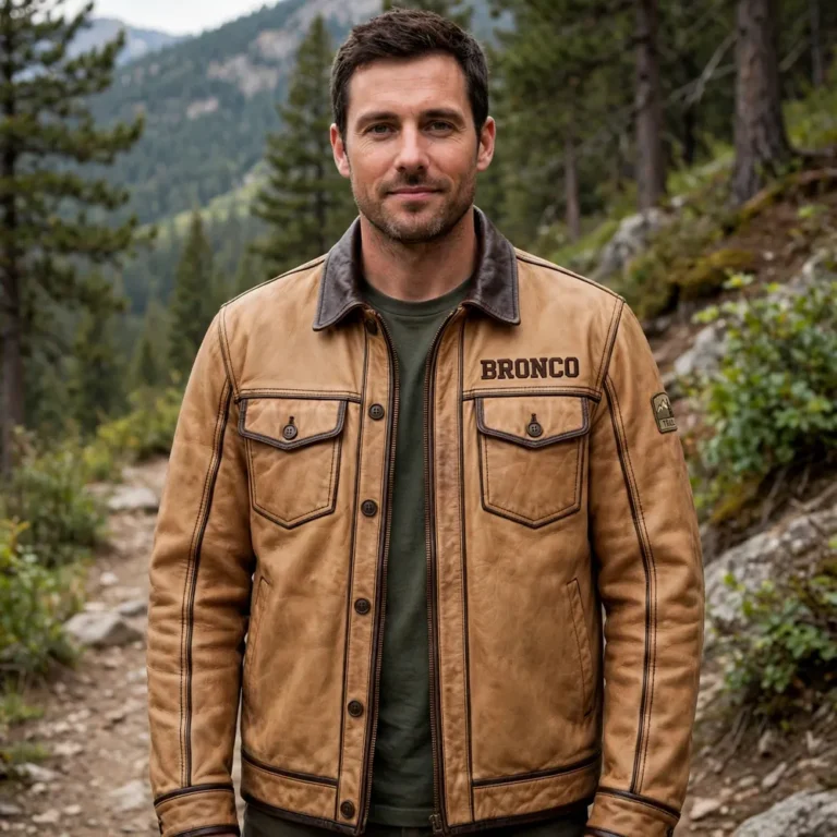 Model wearing the Bronco Leather Jacket, saddle-tan with dark-brown trim trucker jacket