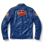 Bugatti Leather Jacket back view — french racing blue jacket with back embroidery