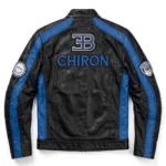 Bugatti Chiron Leather Jacket back view — black with french blue panels jacket with back embroidery