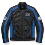 Bugatti Chiron Leather Jacket front view — black with french blue panels jacket with chest embroidery and sponsor-style patches