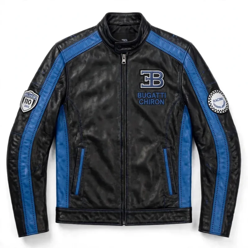 Bugatti Chiron Leather Jacket front view — black with french blue panels jacket with chest embroidery and sponsor-style patches