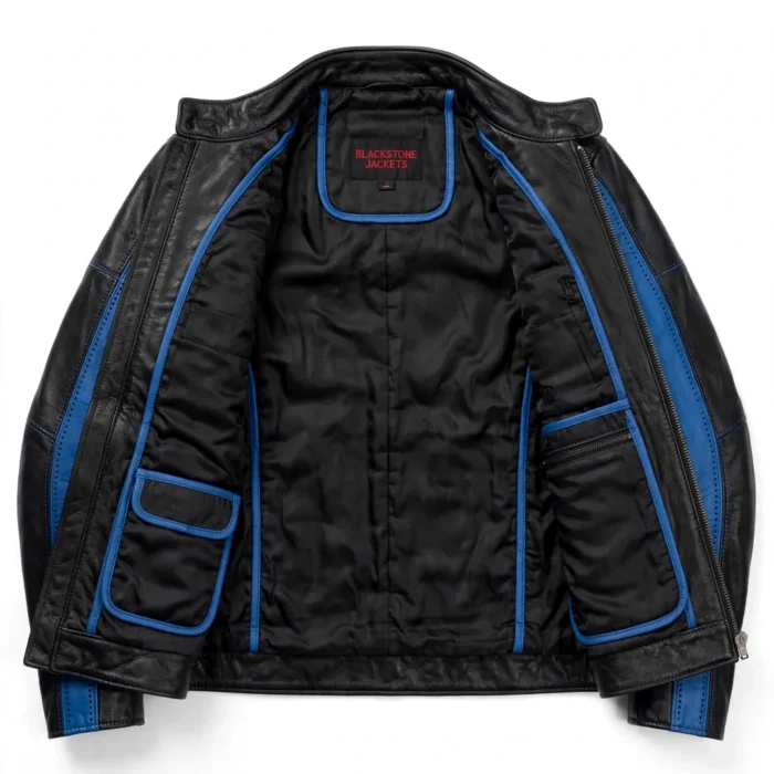 Bugatti Chiron Leather Jacket inner view — plain lining with inside pockets and Blackstone Jackets neck label