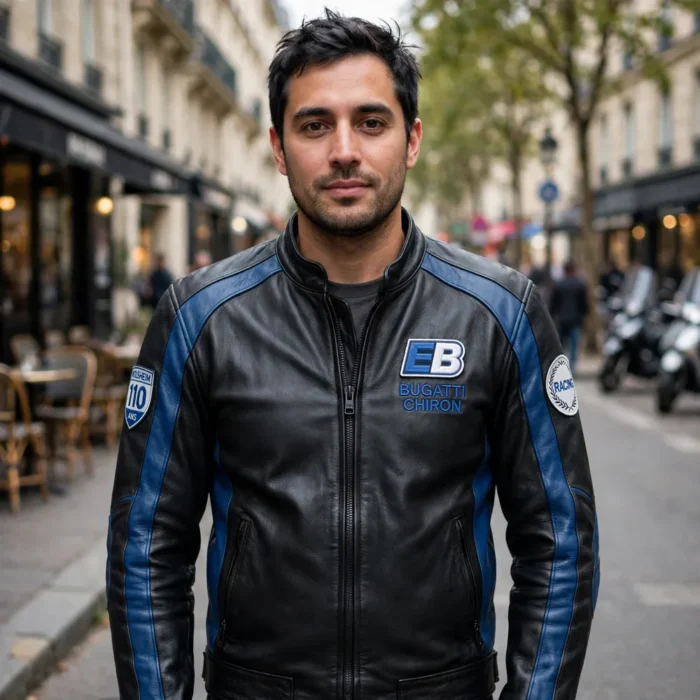 Bugatti Chiron Leather Jacket model view — front-facing model wearing the black with french blue panels jacket with chest embroidery