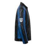 Bugatti Chiron Leather Jacket side view — black with french blue panels jacket with sleeve embroidery