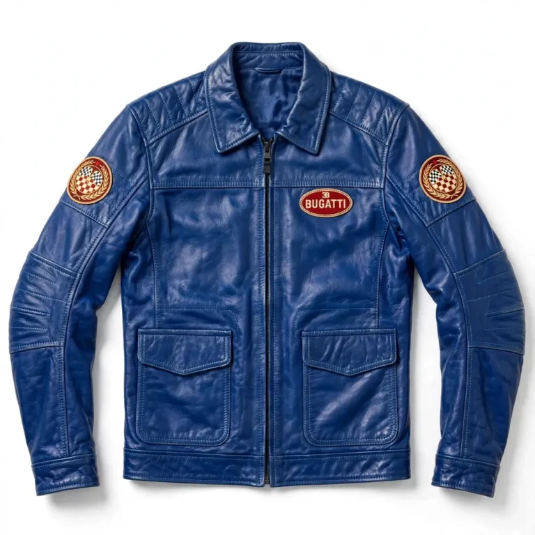 Bugatti Leather Jacket front view — french racing blue jacket with chest embroidery and sponsor-style patches