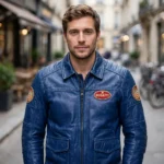 Bugatti Leather Jacket model view — front-facing model wearing the french racing blue jacket with chest embroidery